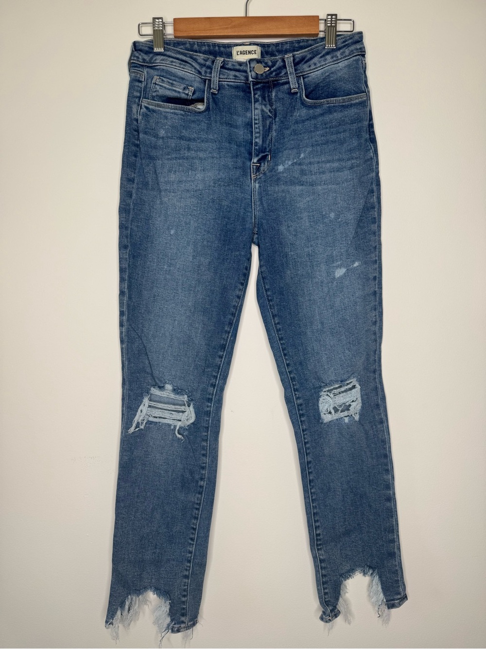L'AGENCE hi-line Destroyed Blue Distressed Skinny Jeans Sz 28 $298
